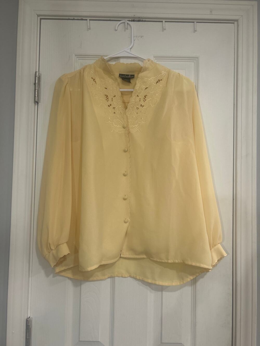 Vintage Yellow Embroidered Blouse Sheer Cottagecore Button Up Shirt Size 10